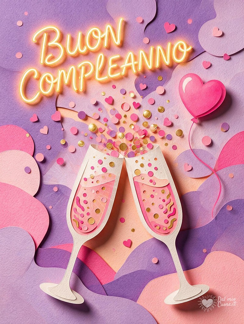 Buon compleanno con brindisi festoso e bollicine dorate