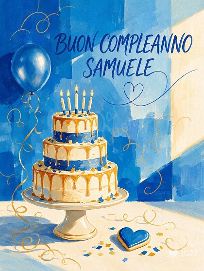Illustrazione gouache moderna con una sontuosa torta glassata blu e crema, candeline accese scintillanti, coriandoli dorati e palloncini festosi.