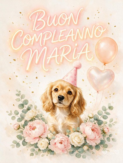Illustrazione ad acquerello a tutto campo con un tenero cucciolo con cappellino da festa tra peonie e palloncini con scritta luminosa Buon Compleanno Maria.