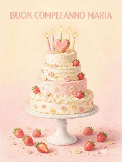 Disegno a matita e pastello di una torta a piani con crema, fragole fresche e candeline accese con la scritta Buon Compleanno Maria.