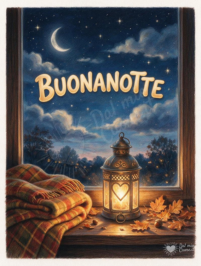 Buonanotte con lanterna accesa e cielo stellato d'autunno