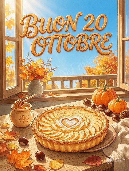 Illustrazione editoriale solare di una cucina luminosa con torta di mele appena sfornata, cannella e luce del mattino per il 20 ottobre