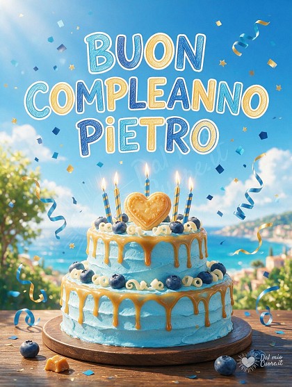 Una magnifica torta artigianale con glassa alla vaniglia, mirtilli e candeline accese scintillanti, decorata con dettagli festosi azzurri e dorati.