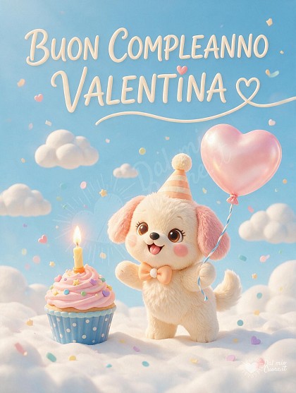 Tenero cucciolo modellato in plastilina soffice con cappellino da festa, palloncino a forma di cuore e cupcake celebrativo illuminato da luce diurna.