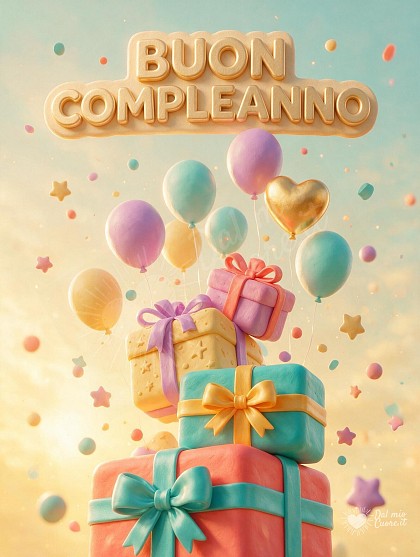 Composizione tridimensionale festosa con grandi pacchi regalo colorati, fiocchi in raso, palloncini fluttuanti e coriandoli luminosi.