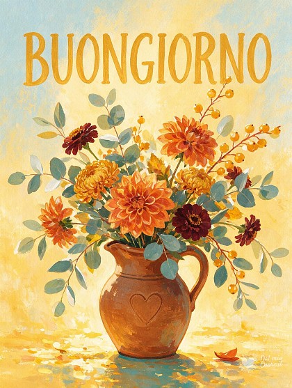 Un vaso in terracotta con dalie arancioni e rametti autunnali bagnati dal sole mattutino.