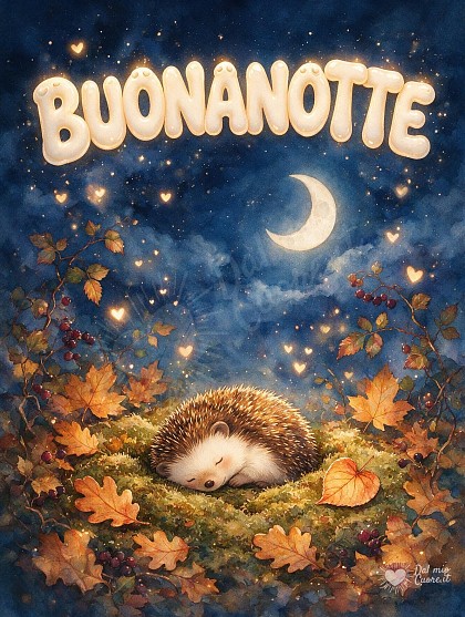 Un tenero piccolo riccio addormentato raggomitolato tra foglie autunnali e bacche del bosco sotto un cielo stellato con luna.