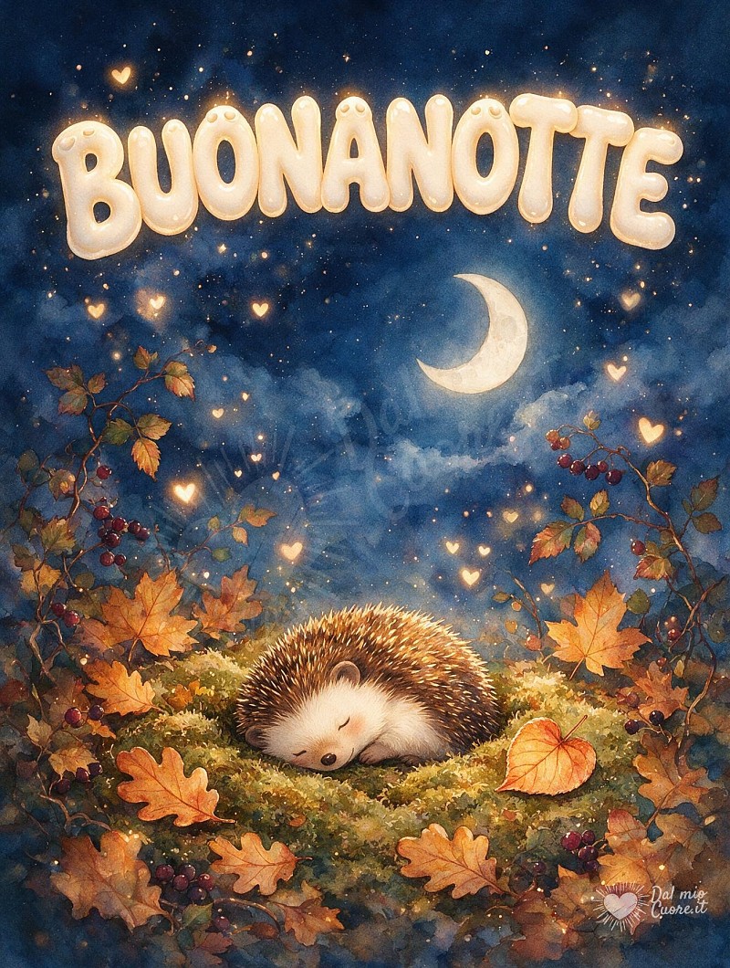 Buonanotte con piccolo riccio tra le foglie d'autunno