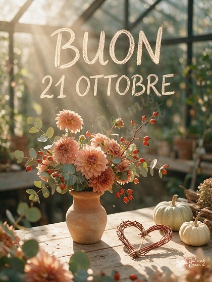 Composizione botanica autunnale con dalie aranciate, bacche di rosa canina ed eucalipto baciati dalla luce del sole.