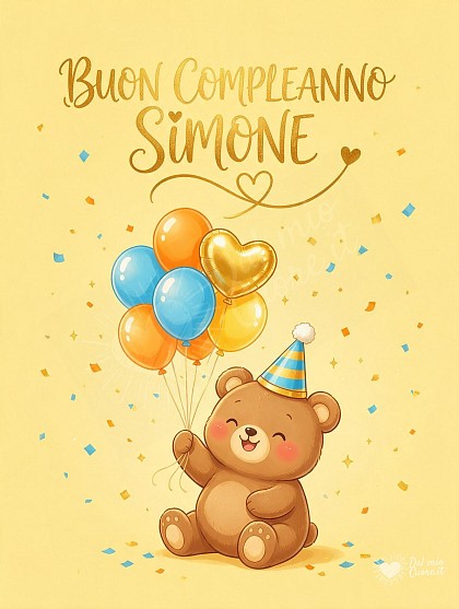 Illustrazione kawaii di un dolce orsetto con cappellino a cono, palloncini colorati e coriandoli festosi per il compleanno di Simone.