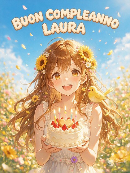 Illustrazione luminosa con una ragazza anime sorridente che regge una torta con candelina accesa circondata da girasoli e coriandoli dorati.