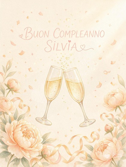 Illustrazione a pastello e matita con due calici di spumante scintillanti che brindano, bollicine dorate, nastri festosi e delicati cuori.