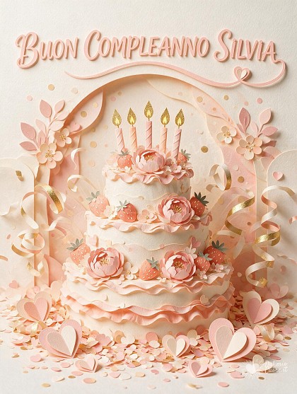 Composizione artistica con una torta di compleanno a più piani decorata con fragole, fiori e candeline accese dai dettagli dorati.