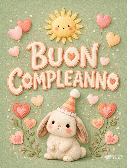 Illustrazione delicata di un soffice coniglietto con cappellino da festa colorato, palloncini a cuore e fiori ricamati su sfondo verde salvia.