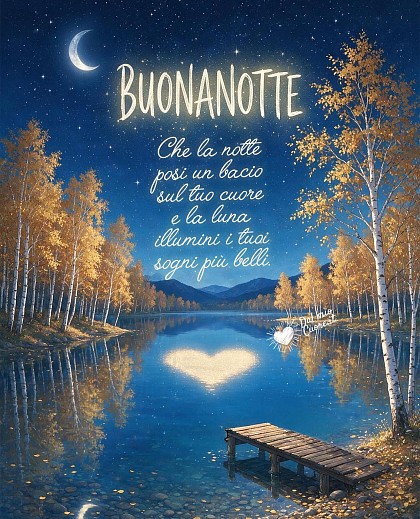 Paesaggio notturno autunnale con luna a falce e stelle riflesse su un lago calmo circondato da alberi dorati.