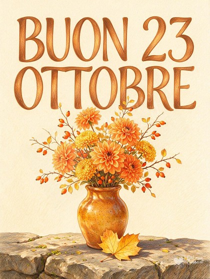 Illustrazione a pastello e matita morbida con vaso di terracotta pieno di dalie arancioni e crisantemi dorati sotto il sole limpido del 23 ottobre.