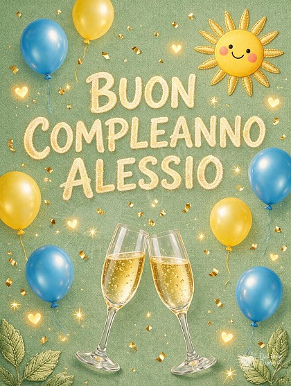 Due calici da spumante che brindano con bollicine dorate, coriandoli luminosi, palloncini azzurri e un sole sorridente con la scritta Buon Compleanno Alessio.
