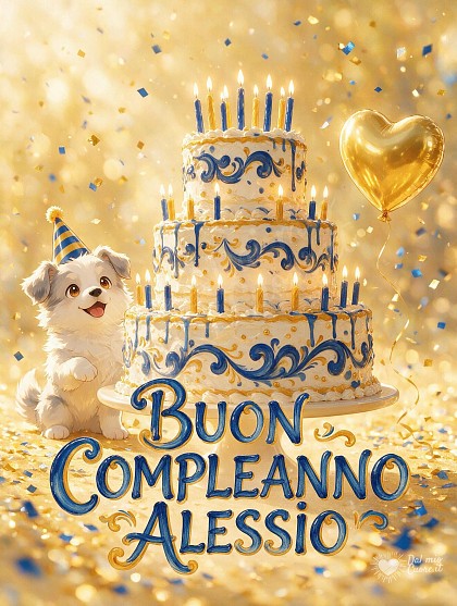Spettacolare torta artigianale a più piani con glassa crema e blu cobalto, candeline dorate accese, coriandoli luminosi e la scritta Buon Compleanno Alessio.