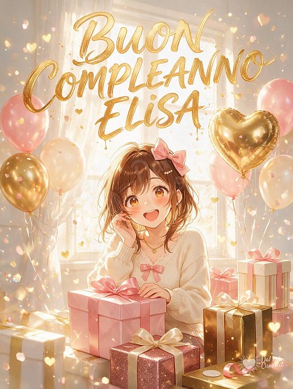Illustrazione anime luminosa con una ragazza sorridente tra pacchi regalo dai nastri in raso, grappoli di palloncini e cuoricini dorati.