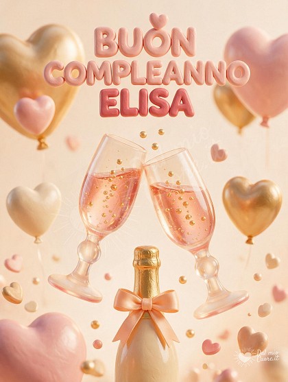 Scena festosa in morbido stile animazione 3D con calici di spumante rosato che brindano, bollicine gioiose e palloncini a cuore.