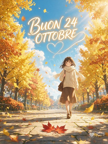 Illustrazione anime delicata di un viale d'autunno con foglie dorate che cadono, luce solare filtrata e la scritta Buon 24 Ottobre.