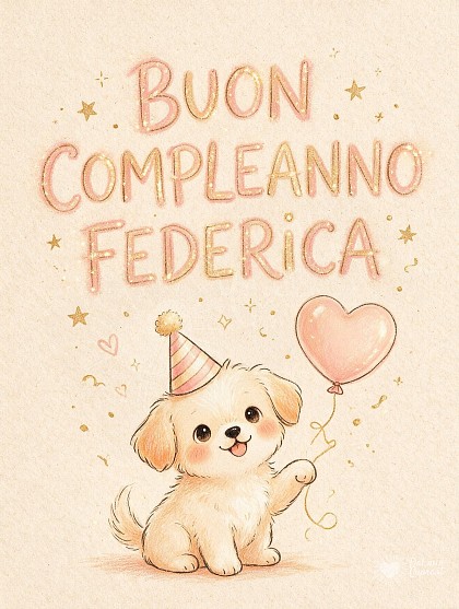 Illustrazione doodle di un cucciolo con cappellino da festa e un palloncino a forma di cuore.