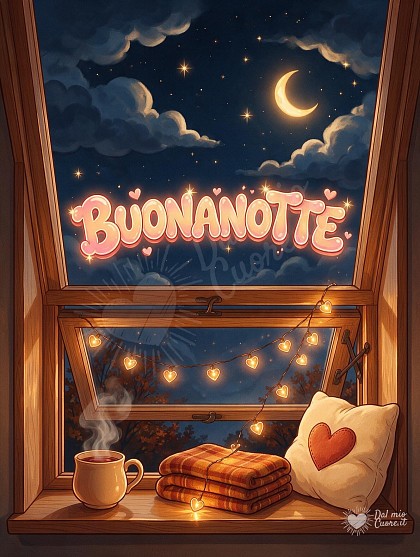Una tazza di tisana fumante e una morbida coperta accanto a una finestra aperta sulla notte stellata d'autunno.