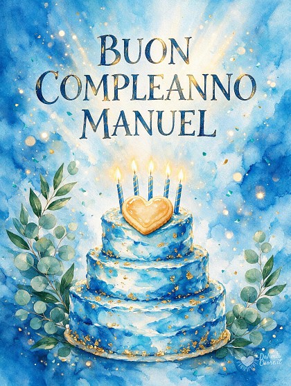 Illustrazione ad acquerello di una scenografica torta di compleanno a più piani glassata in crema e sfumature azzurre con candeline dorate accese, stelle filanti e dettagli luminosi.