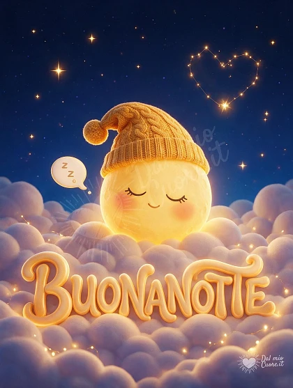 Buonanotte con la luna e soffici nuvole tra le stelle