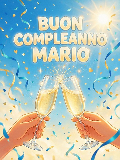 Scena festosa in stile cartoon 2D con calici scintillanti colmi di bollicine dorate, coriandoli blu e azzurri, nastri festosi e la scritta Buon Compleanno Mario.