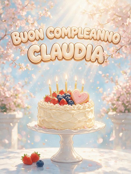 Illustrazione anime romantica con una graziosa torta artigianale guarnita con fragole, panna e candeline scintillanti accese, con lettering festoso dedicato a Claudia.