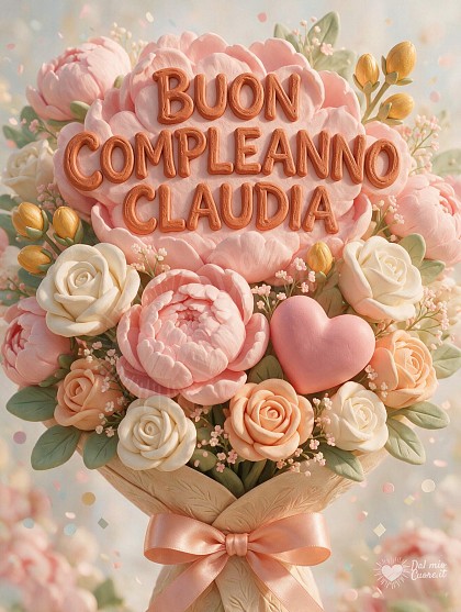 Composizione tridimensionale con un ricco mazzo di rose e peonie pastello, un fiocco di raso e un palloncino a forma di cuore con la scritta di auguri per Claudia.