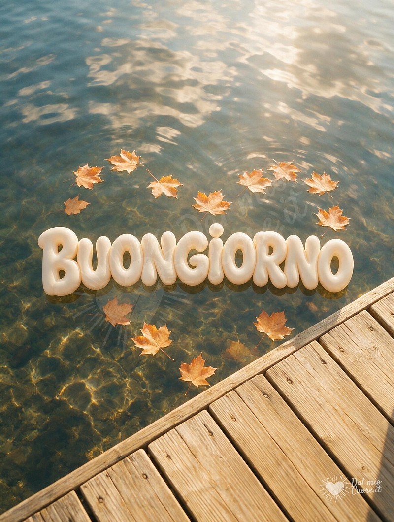 Buongiorno con pontile sul lago e foliage autunnale