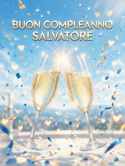 Illustrazione in stile anime con calici di cristallo scintillanti per un brindisi, bollicine dorate, coriandoli blu e oro e la scritta Buon Compleanno Salvatore.