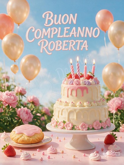 Deliziosa torta di compleanno artigianale a piani in stile cartone tridimensionale, decorata con glassa crema e fragole, candeline accese e palloncini lucidi.