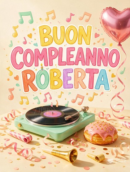 Tavola da festa illustrata in stile animazione 2D con giradischi festoso, note musicali colorate, coriandoli dorati e palloncino a forma di cuore.