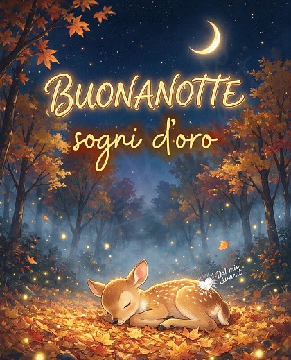 Un piccolo cerbiatto addormentato raggomitolato su foglie autunnali dorate in una radura avvolta dalla nebbia notturna, illuminato dalla luna.