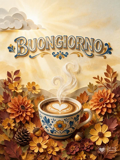 Buongiorno con caffè caldo tra fiori d'autunno