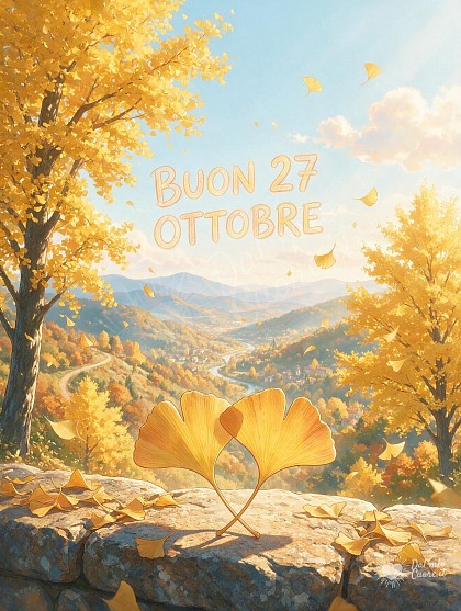 Illustrazione in stile anime romantico con foglie dorate di ginkgo mosse dal vento, cielo con nuvole luminose e scritta Buon 27 Ottobre.