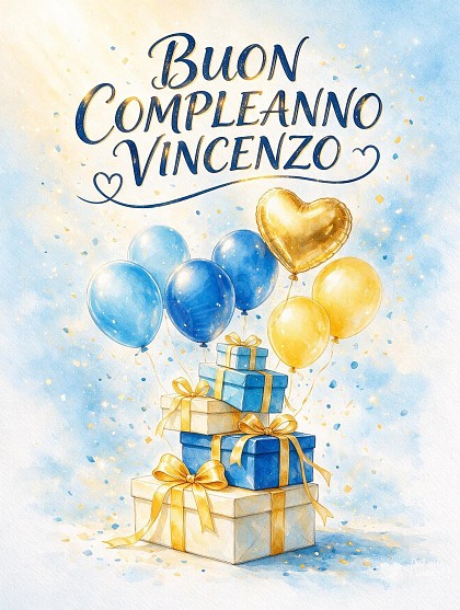 Illustrazione ad acquerello con pacchi regalo infiocchettati, grappoli di palloncini azzurri e dorati con un tocco a cuore e coriandoli festosi.