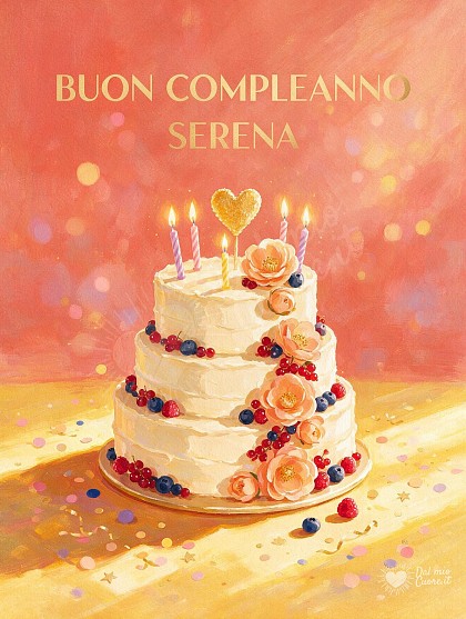 Illustrazione a gouache moderna di una torta artigianale a piani con glassa vellutata, candeline accese, fragoline di bosco e dettagli floreali per il compleanno di Serena.