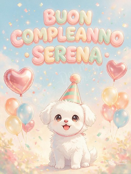 Un soffice cucciolo bianco con cappellino da festa a righe pastello, circondato da palloncini fluttuanti, coriandoli dorati e un palloncino a forma di cuore.