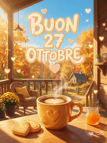 Illustrazione animata moderna di una colazione autunnale con tazza fumante decorata a cuore, frollini dorati e raggi di sole su una veranda luminosa.