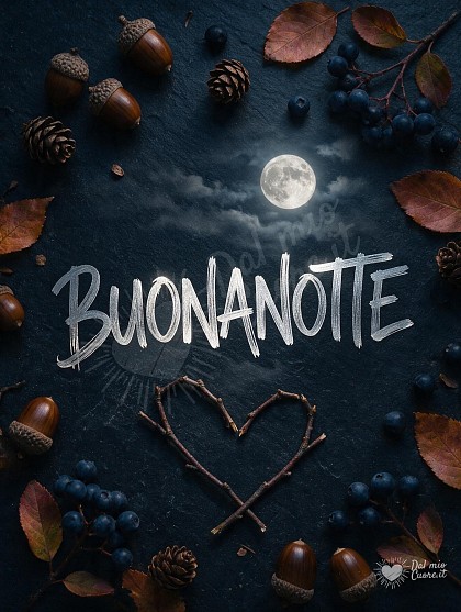 Pietra scura con ghiande, bacche di bosco, un cuore di rametti autunnali.