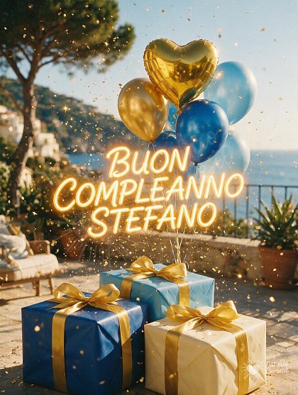 Eleganti pacchi regalo rifiniti da grandi fiocchi in raso blu e oro, circondati da palloncini lucidi e coriandoli sotto una calda luce solare.