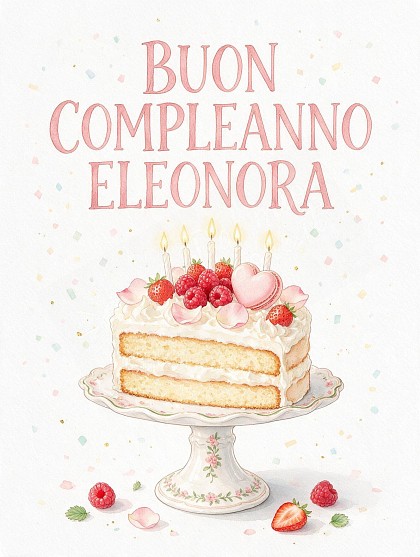 Una torta artigianale guarnita con frutti di bosco, macaron a forma di cuore e candeline accese per Eleonora.