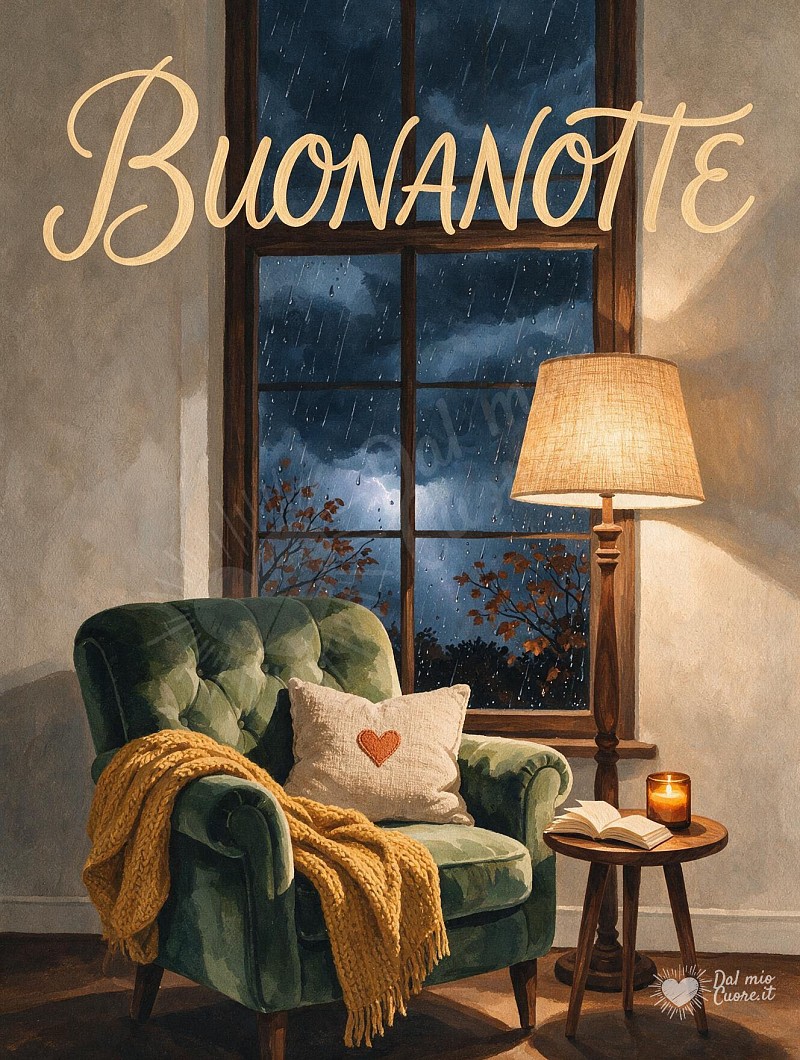 Buonanotte con poltrona accogliente e pioggia d'autunno