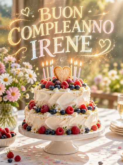 Torta di compleanno con crema, frutti di bosco e candeline accese per Irene.