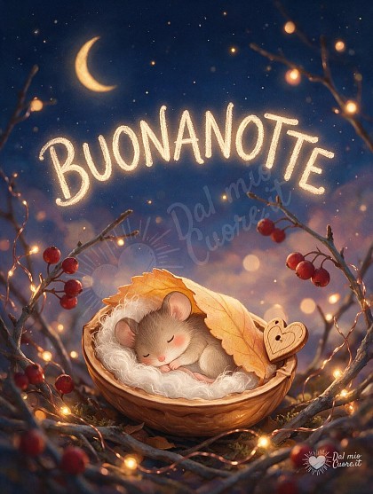 Piccolo topolino che dorme in un guscio di noce sotto le stelle della buonanotte.
