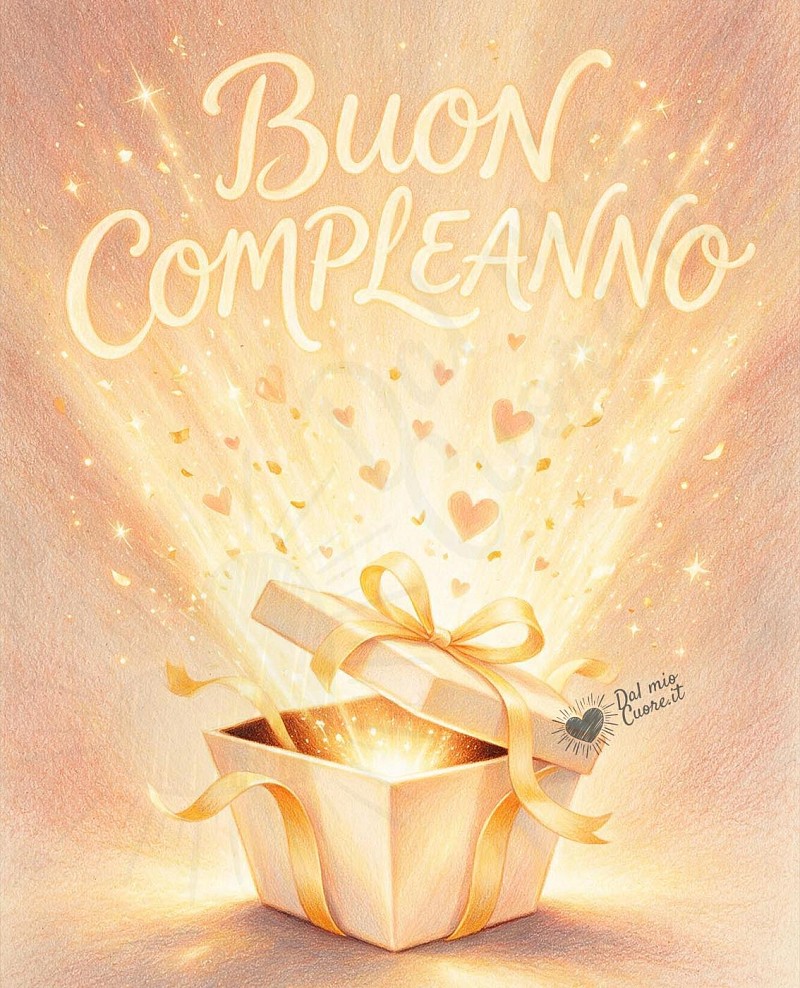 Buon compleanno con scatola regalo luminosa e cuori